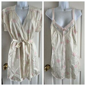 Vtg 1980's Gilead Peignoir Set Nightgown (S) and Robe (M) Beige Pink Roses Lace